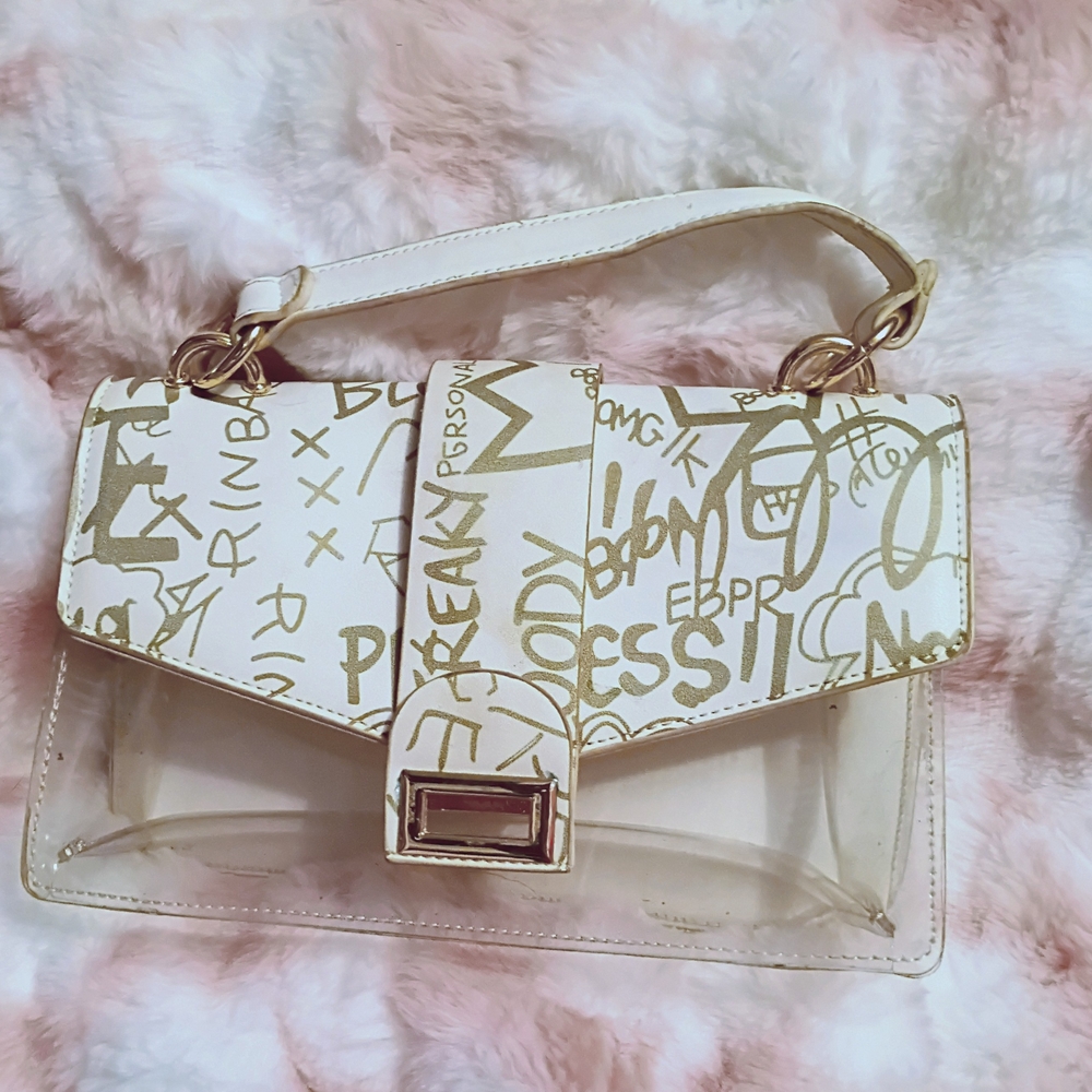 White & Gold Grafitti-Print Clear Top-Handle Bag